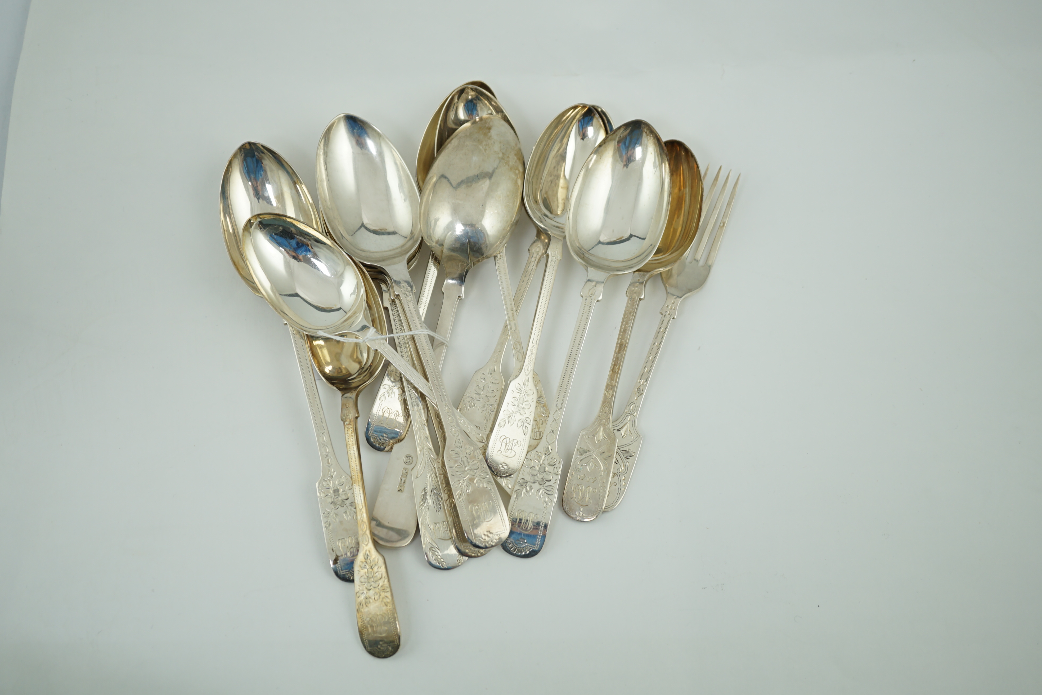 A George VI part canteen of bright cut engraved silver flatware by Francis Howard Ltd